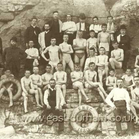Seaham Harbour Swimming Club in 1880 (boys), it would be forty years before women were allowed to join.Front left is James Temple Wightman who was swimming instructor for many years.Born in 1844 in Newcastle, in 1881 he was lodging at 25 Church St, probably single, by 1891 he was married with a daughter and living above his own Chemist/Druggist business at 59 Church St. .