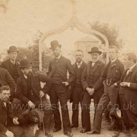 Sunderland Water Rate Collectors, August 1886, outside of Cottages at Humbledon Pumping Station. The station buildings can be seen in background.