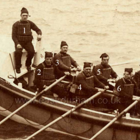 Detail from previous photograph naming crewmen.
1- T Miller, 2- Dick Heads, 3- J Hudson, 4- J Heads, 5- B Gotts, 6- G Scott,