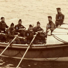Detail from LB 004 naming crewmen.
7- Forster; 8- B Guinnes; 9-; G Scott (senior); 10- G Scott (2nd Cox'n); 11- Wm Miller (Cox'n)