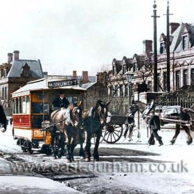 EVENING IN GOSFORTHThis busy scene in Gosforth High Street dates from the 1890's, when all the vehicles were horse-drawn, and it captures everything except the ever-present smell of horse muck on the road. The evening sun is setting as Newcastle & Gosforth Tramways Company single-deck horse car 43 waits for passengers outside the Council Offices. The horse tram service between here and Grey's Monument began in 1878 and ran until Newcastle Corporation opened their own electric tram system in 1901.