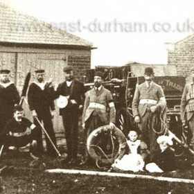 Blackhall Rocks Rocket Brigade 1910.  Blackhall Coast Guard closed in 1975, they had cottages on the beach banks not far from the Rocks Hotel, the building at the rear of the photo is where they kept a cart and a small rescue boat and cliff rescue equipment
Near the Cliff Edge they had a large pole with three anchor points buried deep into the clay and limestone for the Breaches Buoy for rescue work and training.            Photograph and caption, Bob Williams