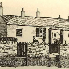 Drawing of the old Coastguard Cottages at  Blackhall Rocks by B Bowes, built  c1850, demolished 1967.        Photograph and caption, Bob Williams