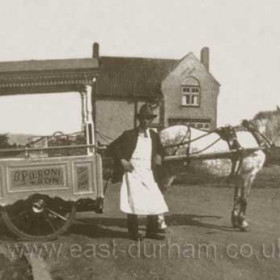 Basillio Peroni who owned the shop at Blackhall Rocks The family came to Blackhall about 1914 when they built Middle Street Shops, the name on the ice Cream cart Was the Father Basillio Peroni There were two sons Leo and  "Evoi" spelt the last one wrong. Iwould think the photo would be about 1930s as they never started Building the Council houses at Blackhall Rocks until 1925-30 The shop Basillio had with his son Leo had an Ice Cream Parlour and a Billiard and Snooker Hall with four Tables, we played in the snooker hall from being 14yrs old. Bob, I will get the correct spelling for you shortly, Bob.