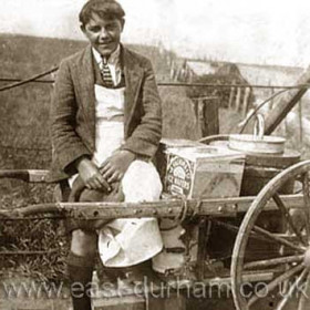 Leo Pieroni,son of Basillio with the hand barrow selling Ice Cream around the streets of Blackhall Colliery,  his brother Ivo used the horse and cart to travel to Hart as it was known before it changed it name to Crimdon.            Photograph and info Bob Williams