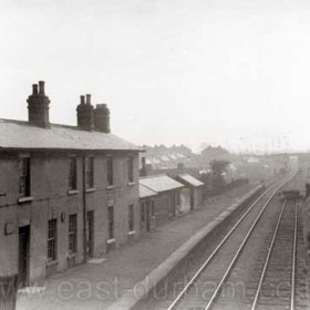Hetton Station in the 1950s. This is looking roughly eastwards from the bridge where the Easington to Wardley road (later A182), crossed the old Durham & Sunderland Railway, in the direction of Murton Junction.  I think the bridge in the distance carried the Lambton, Hetton & Joicey Railway to Hetton and Elemore Collieries.  
Caption by Sheldon Clark
