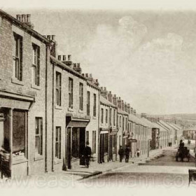Station Road, Hetton. c 1905? This is taken from near the top of Station Road, where it crosses the old Durham & Sunderland Railway, which terminated at Elvet Station.  The camera is pointing south-eastward on what is now the A182.  
Caption by Sheldon Clark